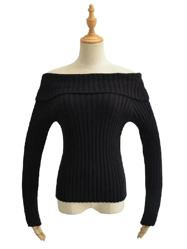 2022 Autumn Winter Solid Color Rib Knitted Off the Shoulder Pullover Sweater Sexy Women Full Sleeve Slim Stretch Knitwear Jumper