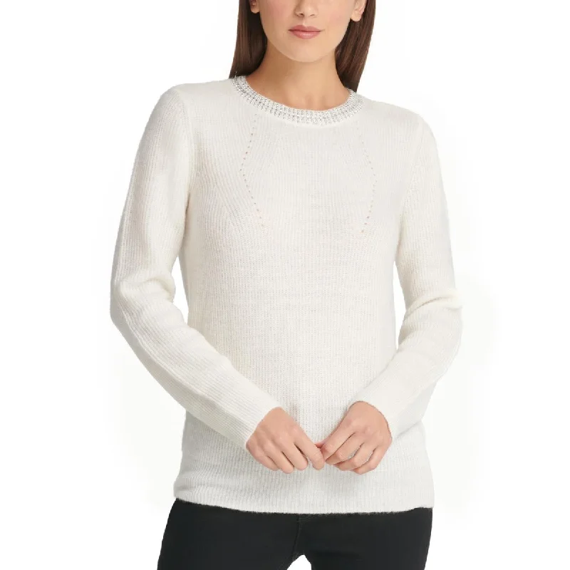 DKNY Womens Embellished Ribbed Crewneck Sweater