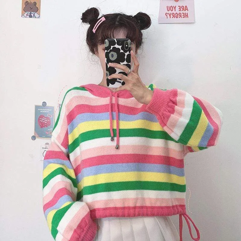 Women's Korean Fashion Rainbow-stripe Hooded Knitted Tops