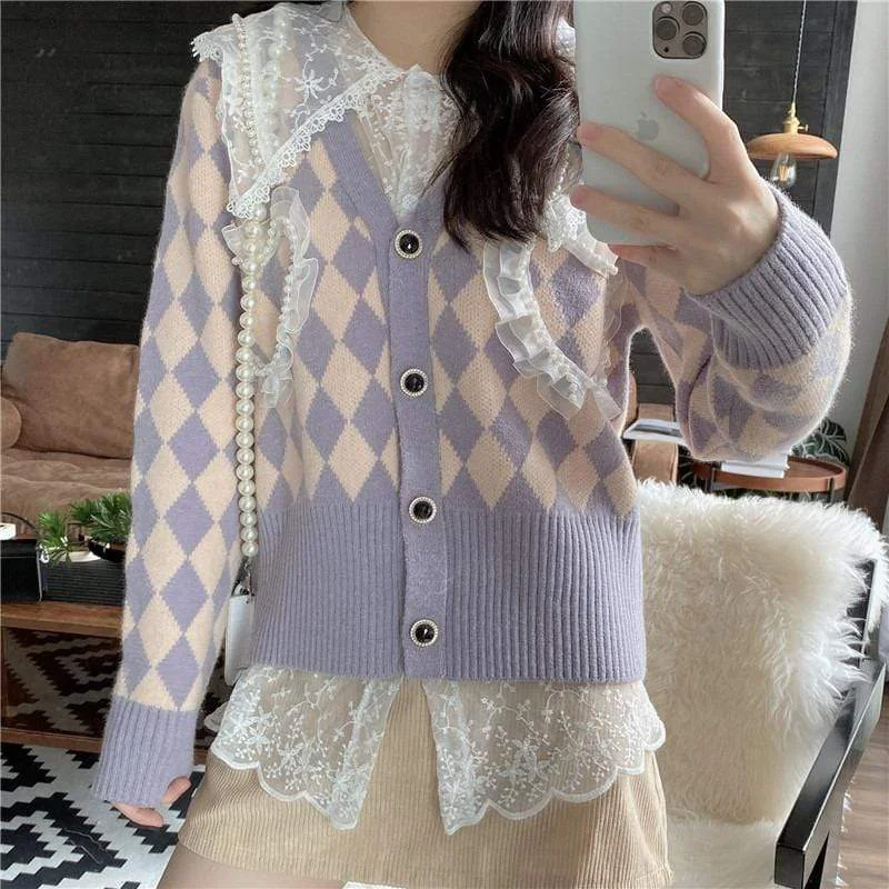 Women's Korean Style Diamond Knitted Cardigan