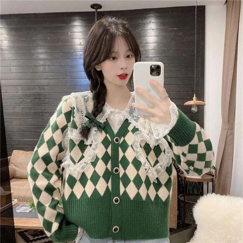 Women's Korean Style Diamond Knitted Cardigan