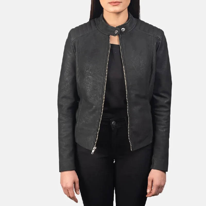 Distressed Black Leather Racing Jacket