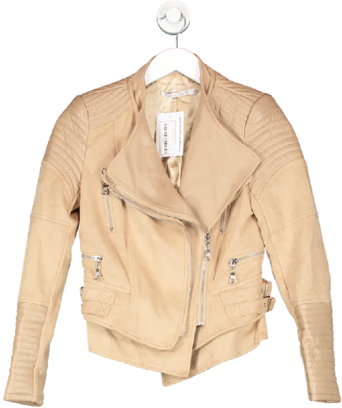 Ivory & Chain Beige Luxe Vegan Leather & Soft Faux Suede Biker Jacket UK 6