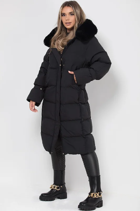 Long Puffer Down Coat With Faux Fur Hood Black