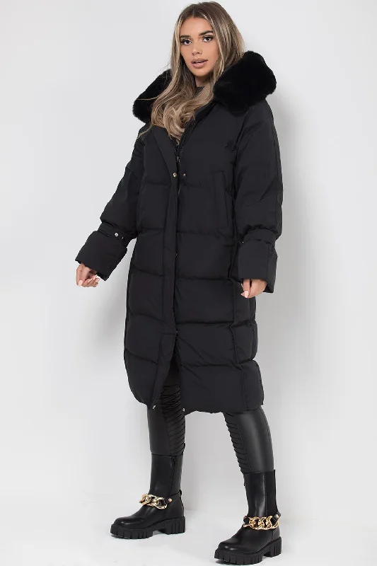 Long Puffer Down Coat With Faux Fur Hood Black