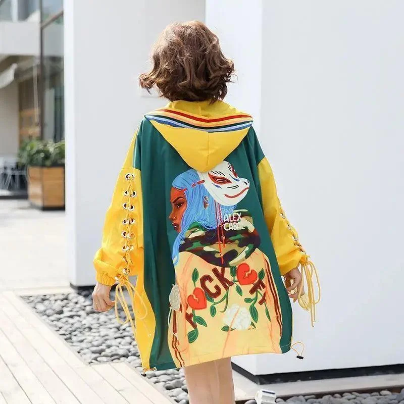 Cartoon stitching hooded trench coat