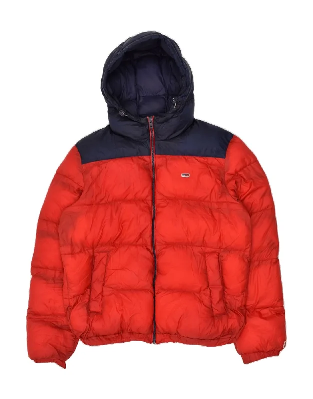 TOMMY HILFIGER Womens Hooded Padded Jacket UK 14 Medium Red Colourblock