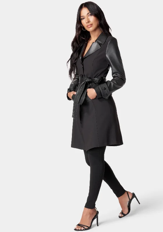 Vegan Leather Combo Woven Twill Trench Coat