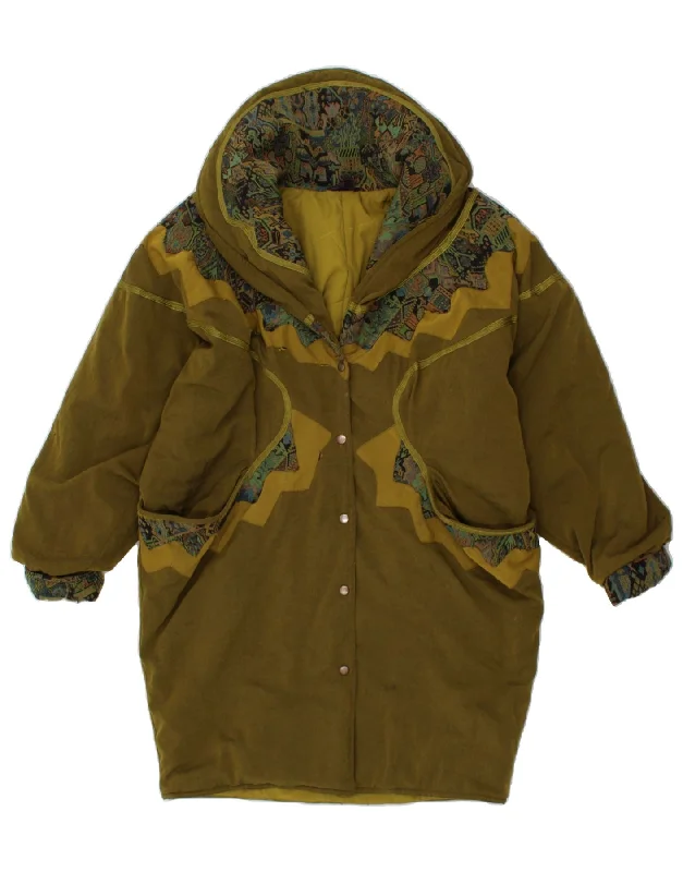 VINTAGE Womens Abstract Pattern Padded Coat UK 22 3XL Green Cotton