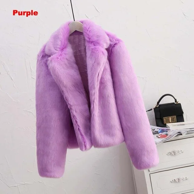 purple faux fur coat / L