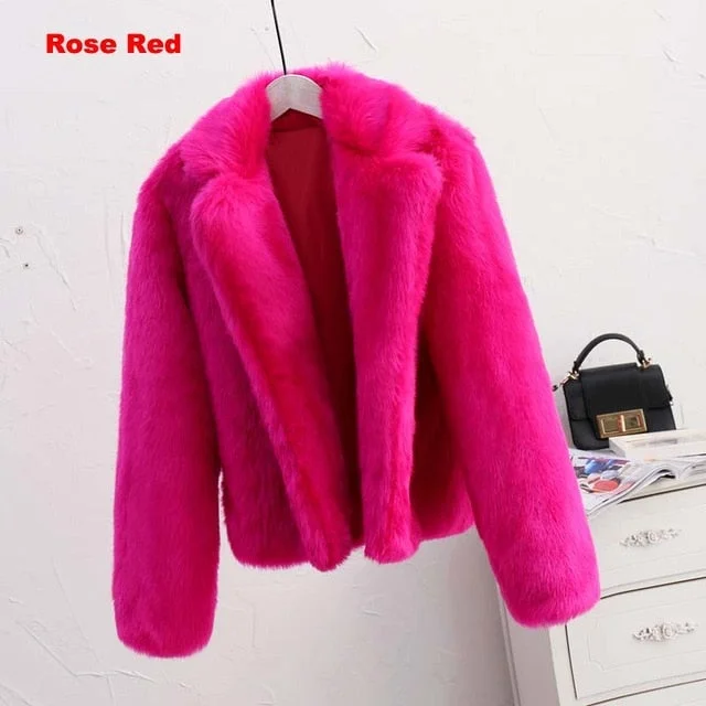 rose red fur coat / L