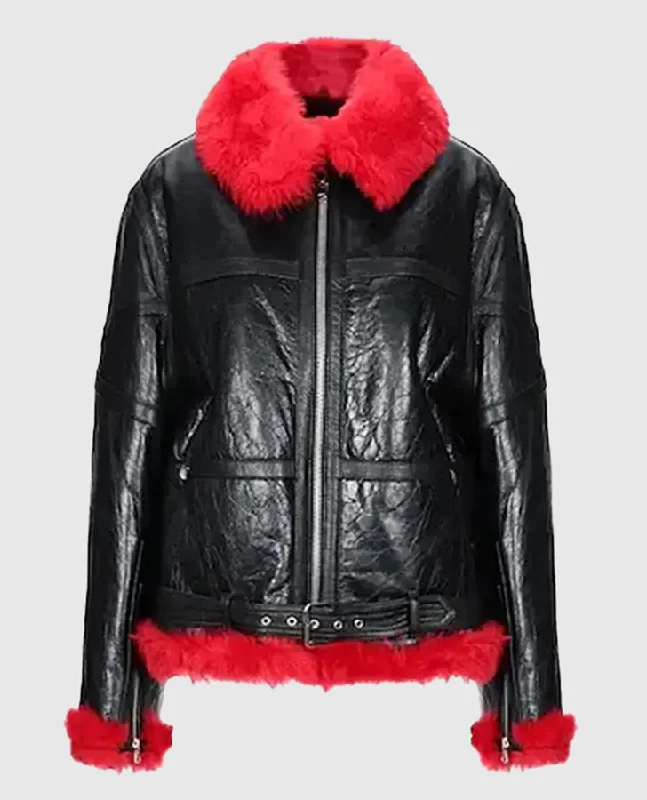 Women Red Faux Fur Aviator Jacket