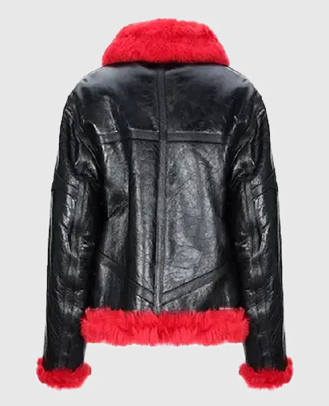 Women Red Faux Fur Aviator Jacket