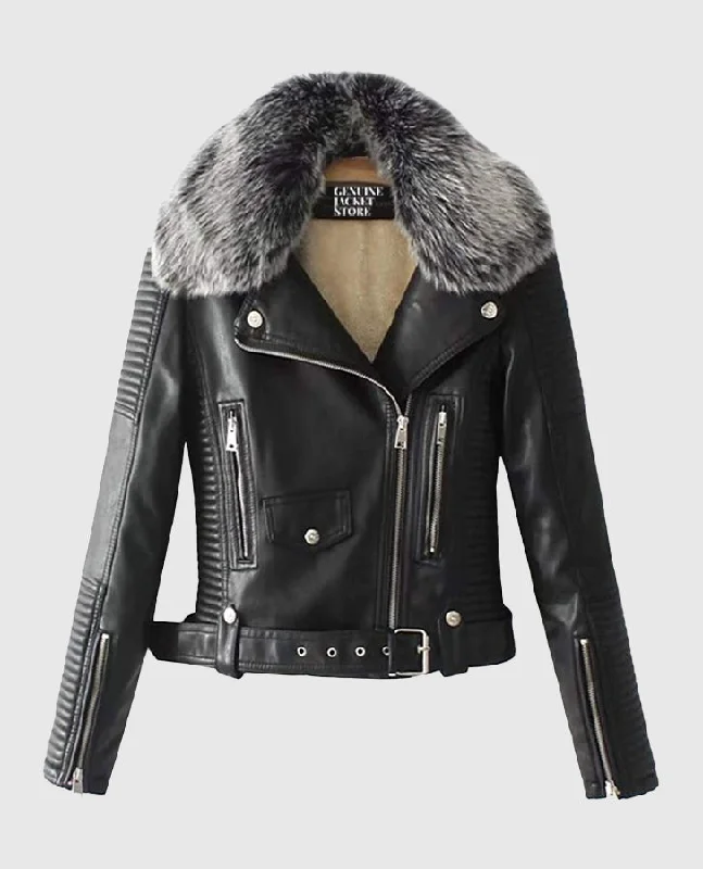 Women's Faux Fur Quilted Moto Black Jacket