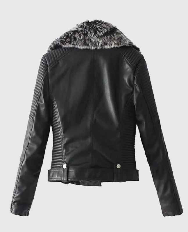 Women's Faux Fur Quilted Moto Black Jacket