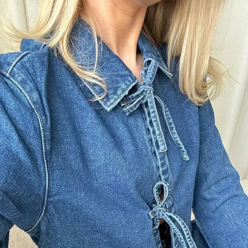 Znbbw Lace Up Women Denim Jackets Casual Loose Lapel Long Sleeve Pocket Female Coats 2024 Spring Bow Office Lady Overcoat New