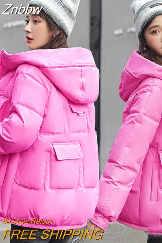 Znbbw Women Down Jacket 2023 Hit Winter New Thick Warm Cotton Down Padded Jacket Casual Sweety Solid Color Hooded Coat Jackets Outwear