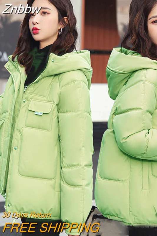 Znbbw Women Down Jacket 2023 Hit Winter New Thick Warm Cotton Down Padded Jacket Casual Sweety Solid Color Hooded Coat Jackets Outwear