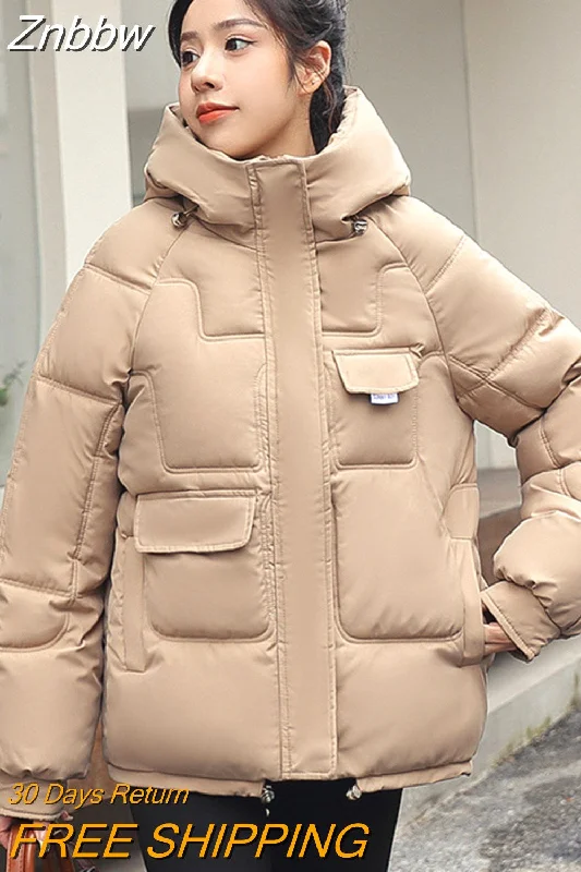 Znbbw Women Down Jacket 2023 Hit Winter New Thick Warm Cotton Down Padded Jacket Casual Sweety Solid Color Hooded Coat Jackets Outwear