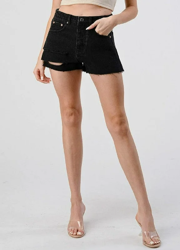 Black Slit Denim Shorts