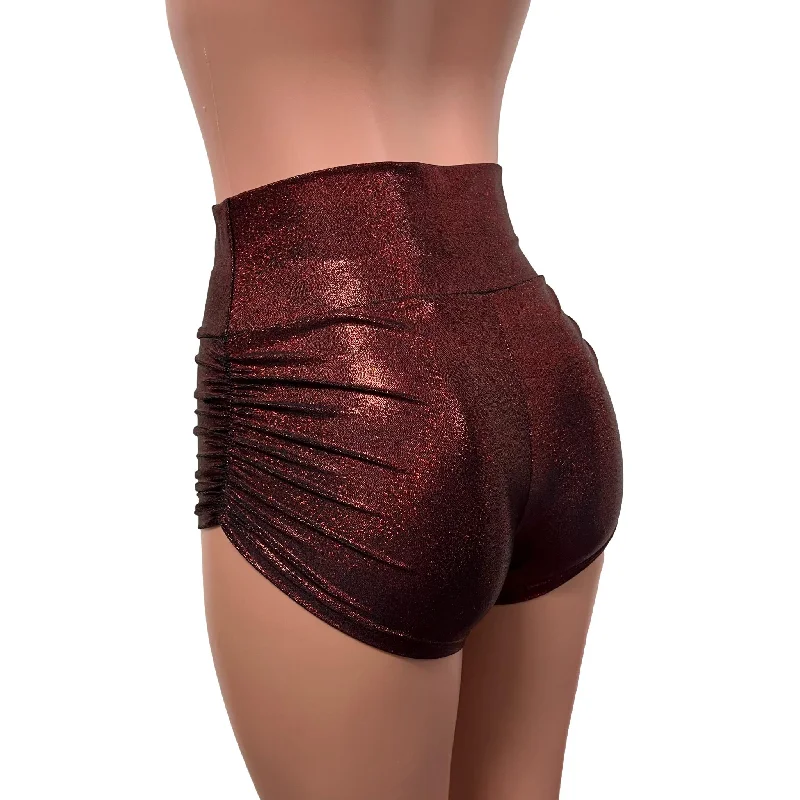 Dark Red Sparkle Ruched Booty Shorts - Choose Low-Waist, Mid-Rise, or High-Waist