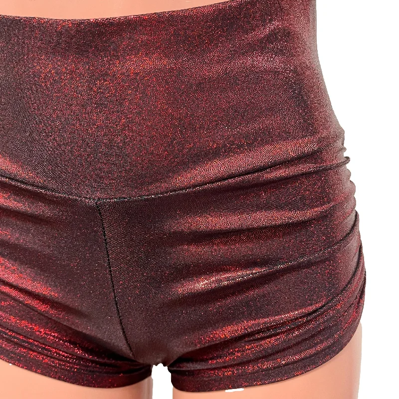 Dark Red Sparkle Ruched Booty Shorts - Choose Low-Waist, Mid-Rise, or High-Waist