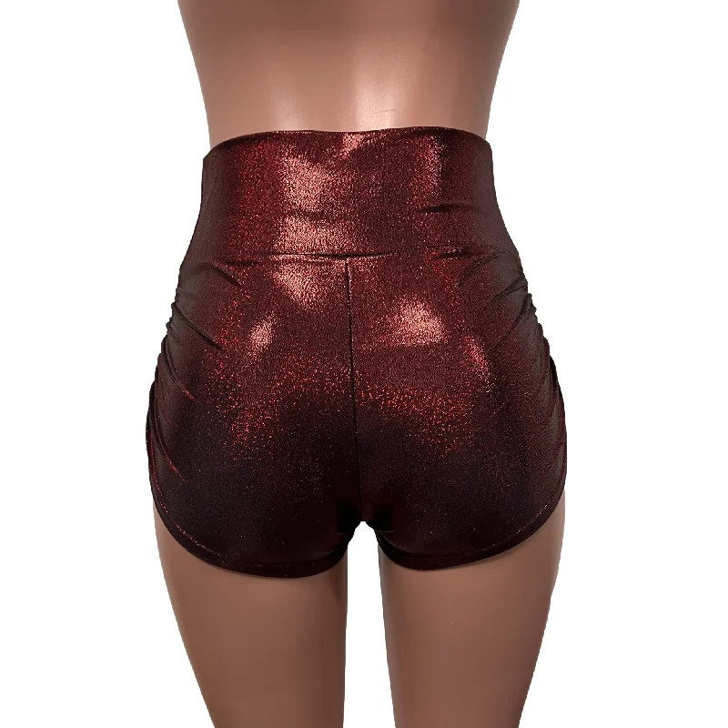 Dark Red Sparkle Ruched Booty Shorts - Choose Low-Waist, Mid-Rise, or High-Waist