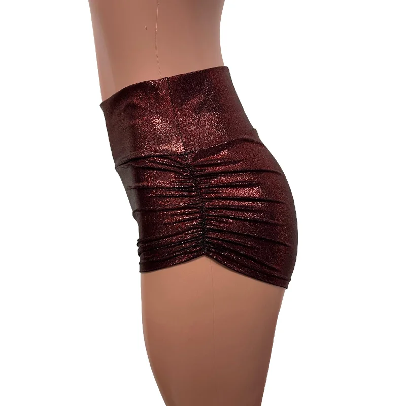 Dark Red Sparkle Ruched Booty Shorts - Choose Low-Waist, Mid-Rise, or High-Waist