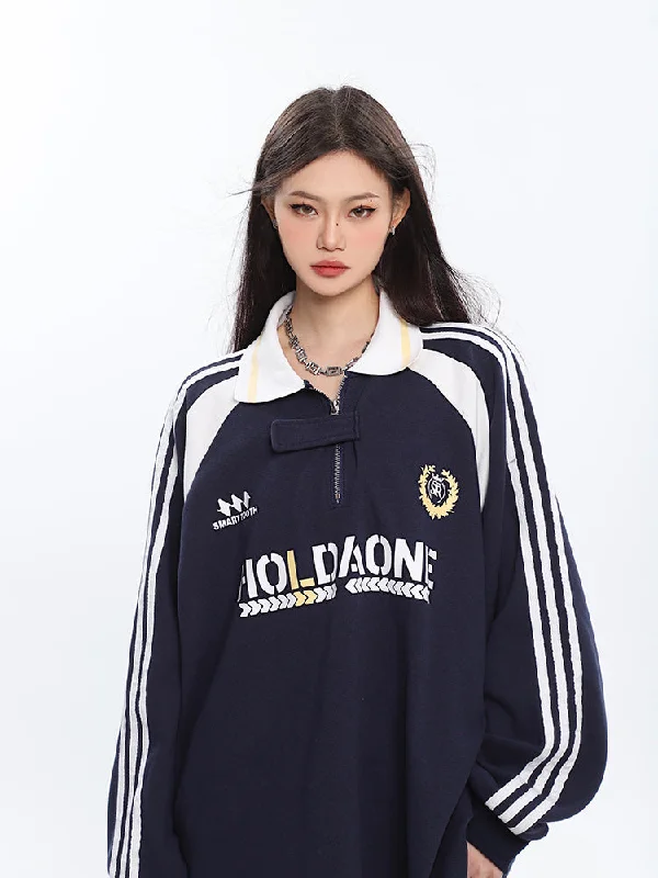 HOLDAON Retro Loose Polo Collar Stripe Long Sleeve Long Sweatshirt