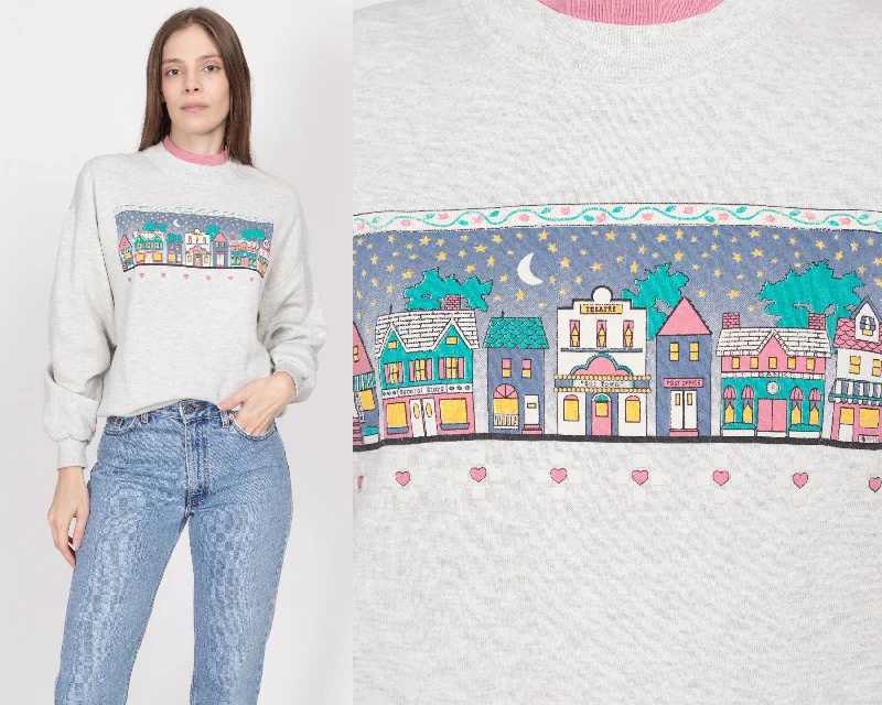 Large 90s Novelty Main Street Scene Collared Sweatshirt