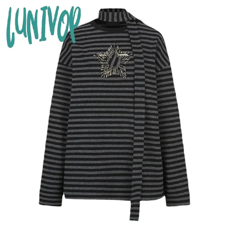 Lunivop Korean Style Star Patched Striped Long Sleeve T-shirt Fashion Oversized Grunge Loose Tee Shirt Harajuku Vintage Y2k Goth Tees