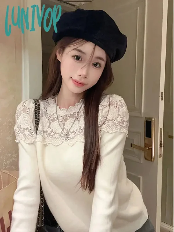 Lunivop Lace Patchwork Knit Sweater Women Autumn New Sweet Long Sleeved Pullover Sweater Slim Elegant Top