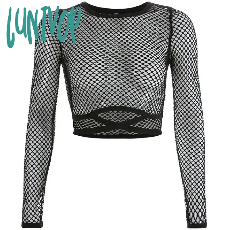 Lunivop O Neck Transparent Long Sleeve Mesh Crop Top Women Crew Neck Fish Net Sheer T-shirt Tops Female For Party Club