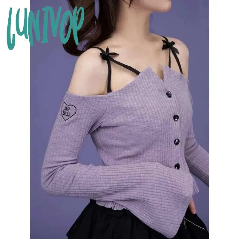 Lunivop Off Shoulder Bow Bandage T-shirts Casual Slash Neck Chic Fashion Camisole Tops Women Long Sleeve Sexy Roupas Femininas