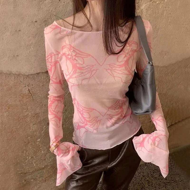 Lunivop Pink Tie Dye Mesh Tops Long Sleeve See Through T Shirt Women Clothes Y2k Grunge Aesthetic Spring Summer Tee Shirt Femme