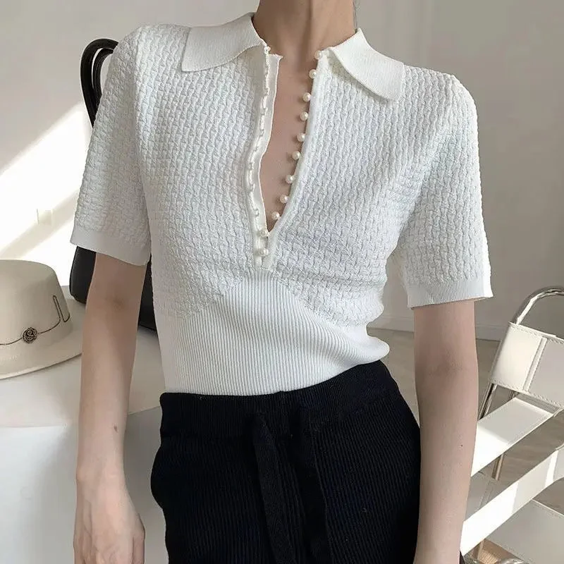 Lunivop White Knitted Polo Tops Women Summer Short Sleeve T-shirt Korean Fashion Pearl Button Basic Knitwear