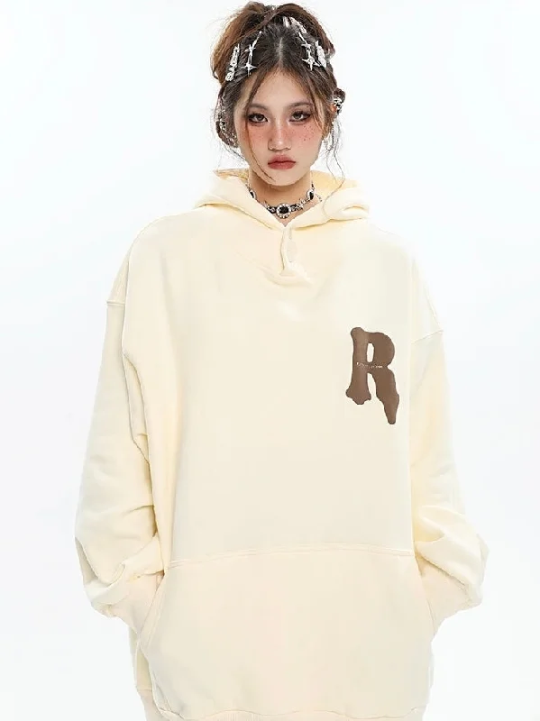 R Solid Color Button Up Ling Sleeve Baggy Hoodie