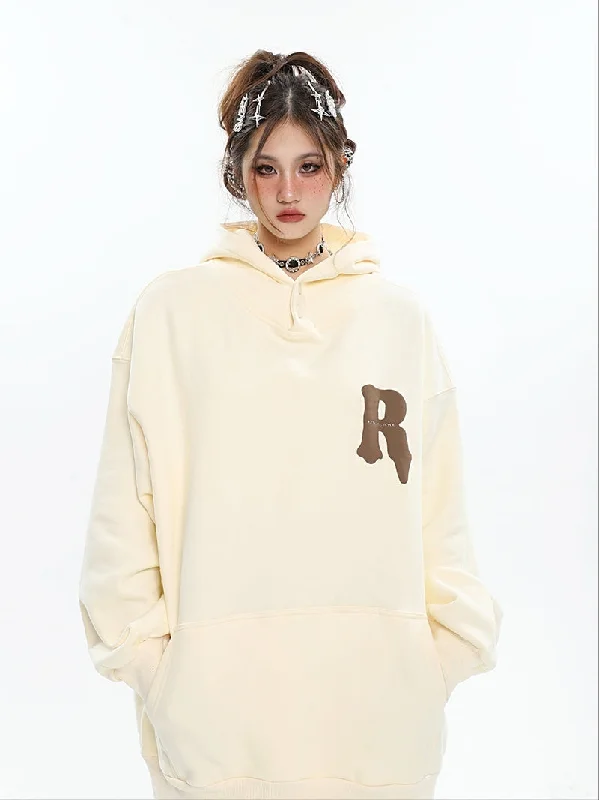 R Solid Color Button Up Ling Sleeve Baggy Hoodie