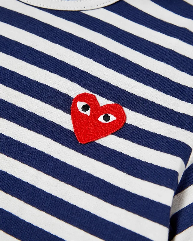 T010 UNISEX RED HEART LS T-SHIRT / DARK NAVY WHITE STRIPE