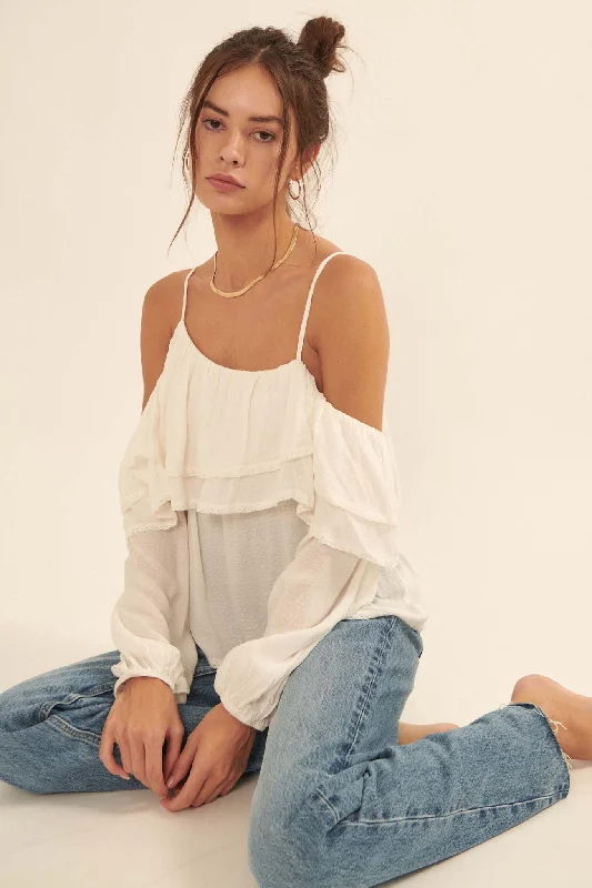 Beautiful Soul Ruffled Jacquard Cold-Shoulder Top