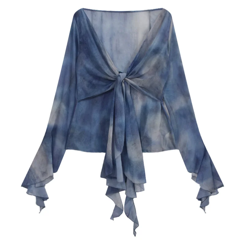 Bia Blue Tie-Dye Ruffled Long Sleeve French V-neck Front Tie Sheer Top