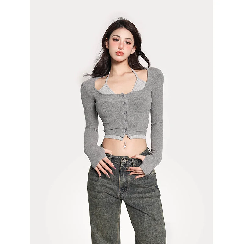 Gwen Fake Two Piece Halter Long-sleeved Button Up Slim Cropped Top