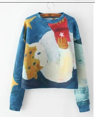 New Womens Wear Old Woman Oil Painting Round Neck Collar Loose Long Sleeved Sweater Graffiti Short Jacket