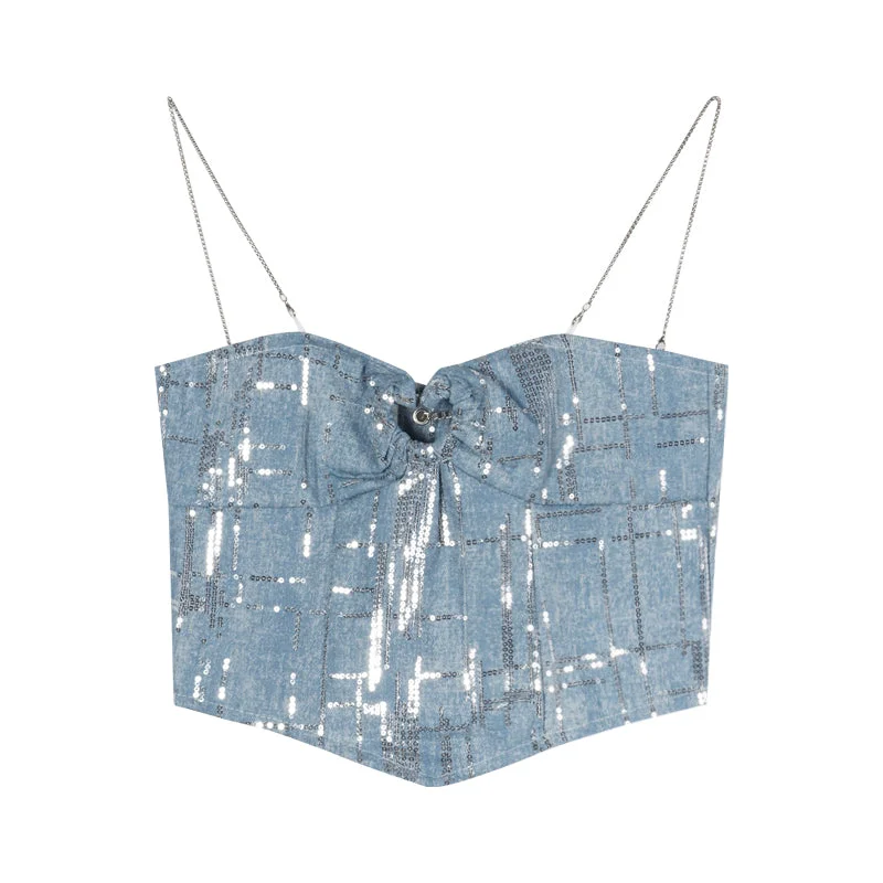 Shelly Icy Blue & Silver Spaghetti Strap Slim Camisole Cropped Top