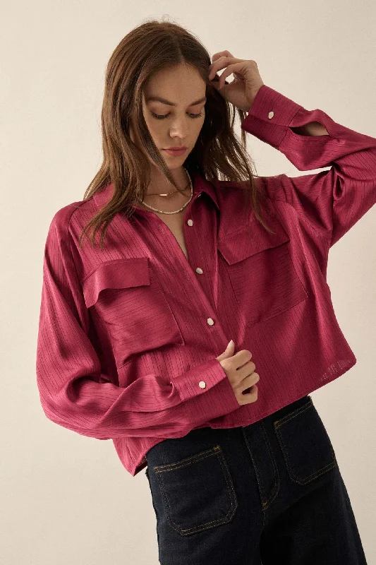 Silken Soul Striped Satin Button-Up Pocket Shirt