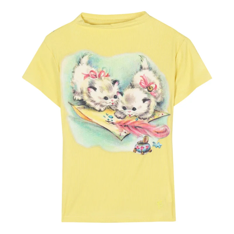 Willa Solid Color Graphic Cat Image Print Slim Summer Cropped Top