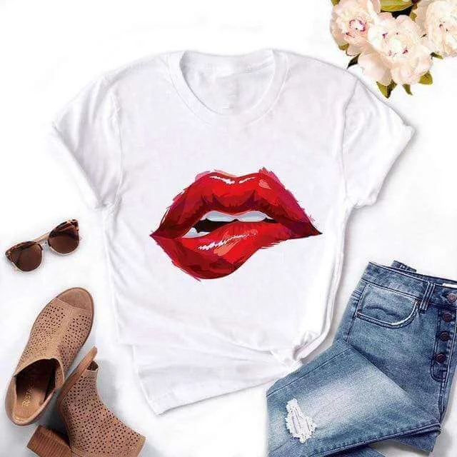 Fashion Women's Casual Sequins Red Lip Short Sleeve T-Shirts