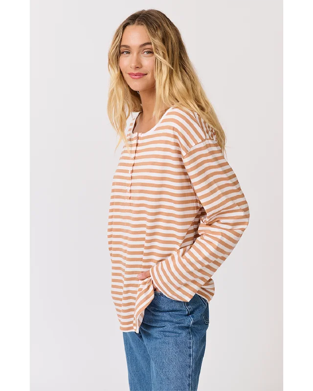 Cartel & Willow Henley Long Sleeve - Toffee Stripe