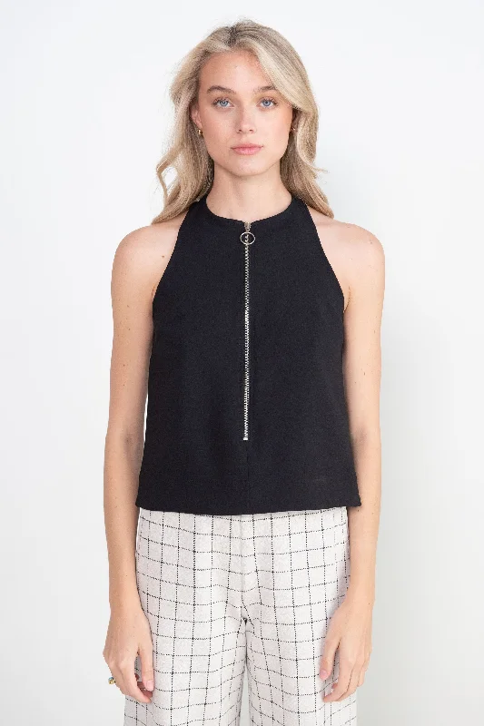 Structured Crepe Cropped Zip Top, Black