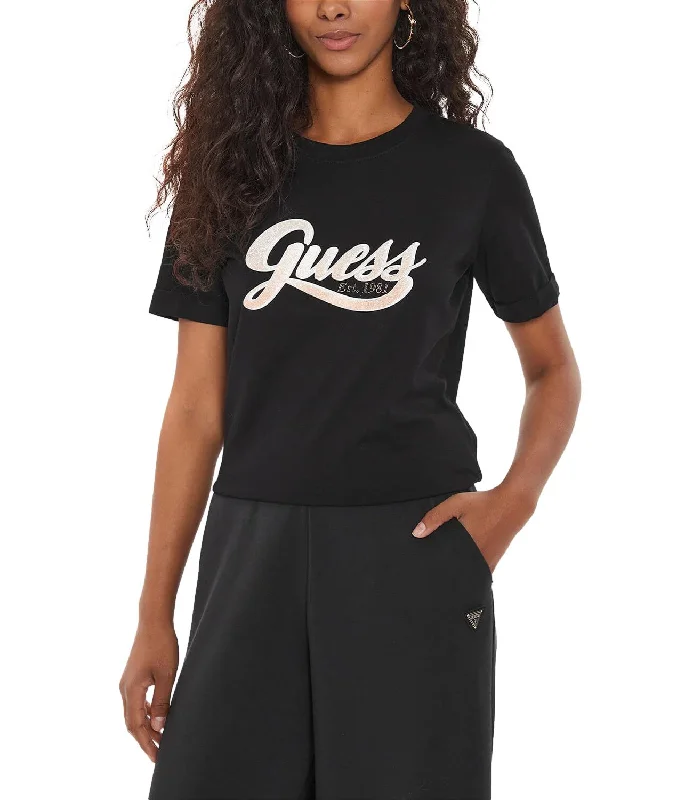 Guess T-shirt Glittery Logo Nero Donna